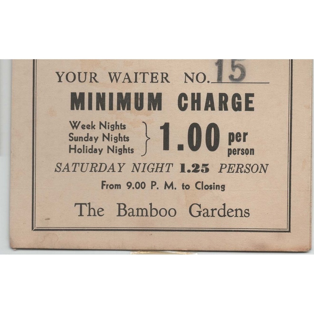 Vintage Bamboo Gardens Restaurant Table Tent Minimum Charge Card Waiter 15 - Picture 2 of 2